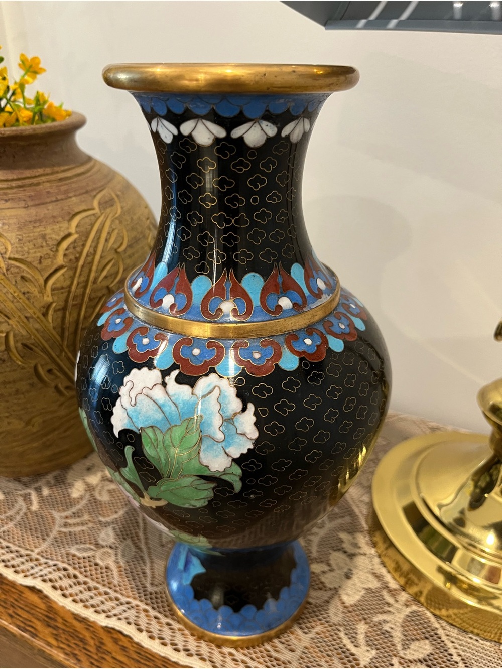 Black Cloisonné Floral Vase with Blue and Gold Accents